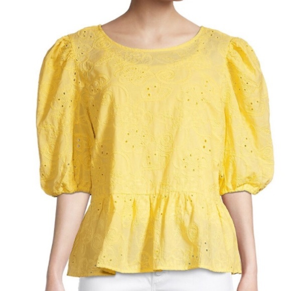 NANETTE Nanette Lepore yellow Puff Sleeve eyelet lace‎ Peplum Top blouse size XS - Picture 2 of 3